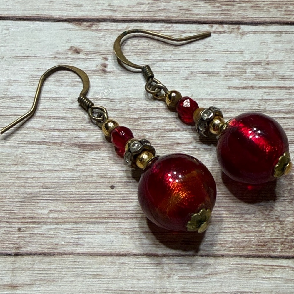 Vintage Murano Glass Sparkling Balls Earrings Ruby Red handmade - Picture 2 of 5